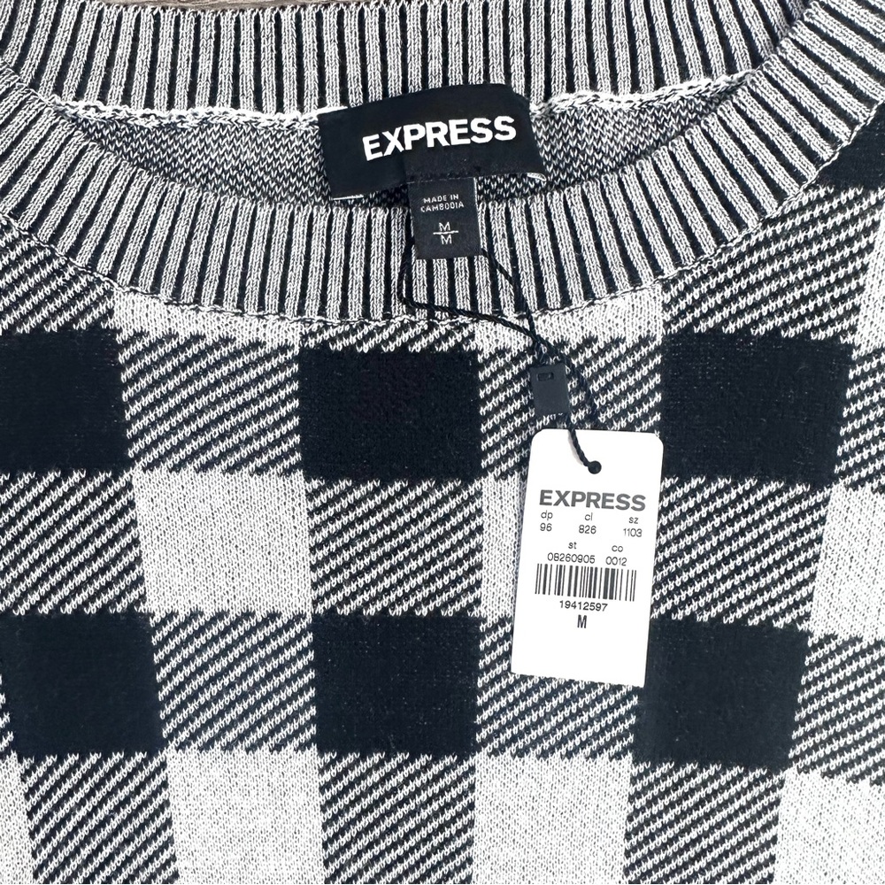 Express Sweater Medium Black White Checkered Crewneck Pullover 100% Cotton NWT - Picture 11 of 15